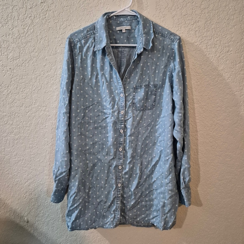 Foxcroft Tencel Chambray Button Down Shirt 18 Blue Polka Dot Relaxed Coastal